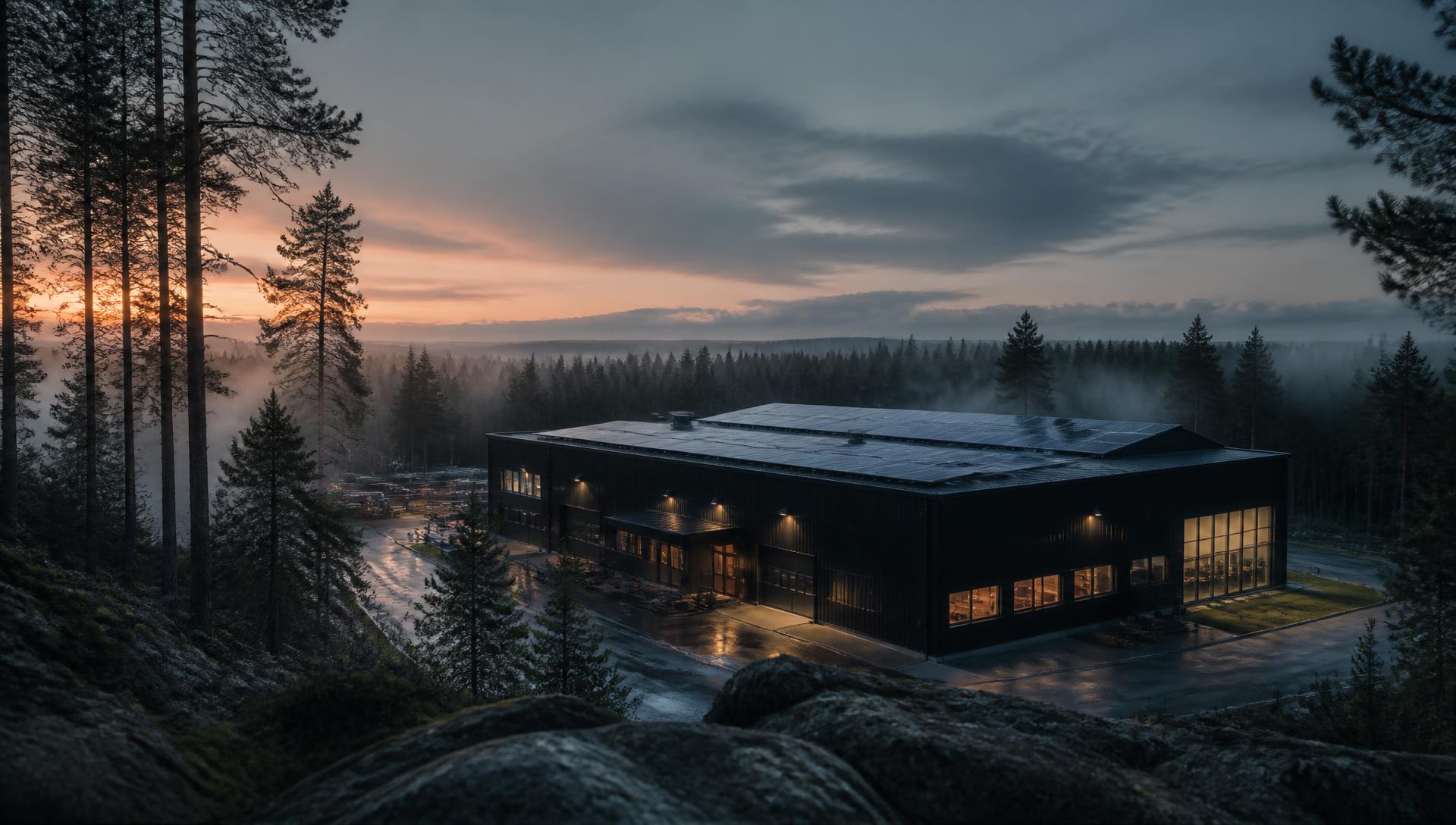 Industribyggnad i skymning