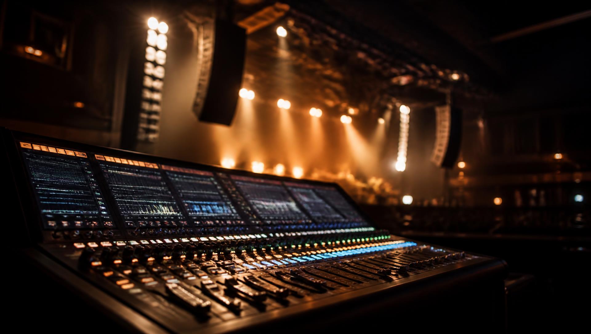 Digitalt mixerbord framför en scen med ljussatt rigg